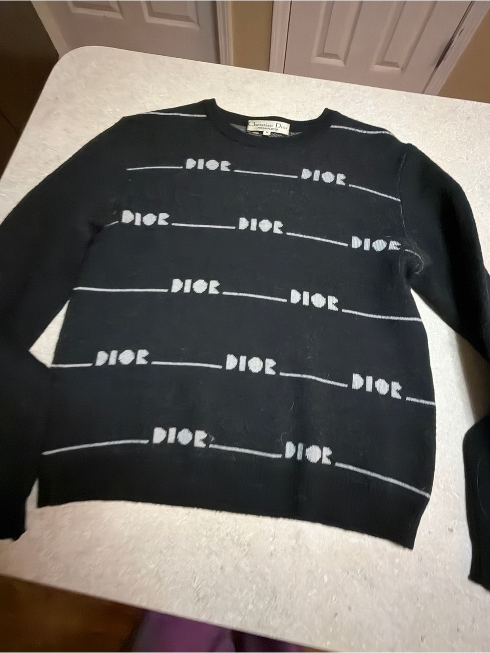 Authentic vintage Dior Black Crewneck Sweater with White Logo Stripes